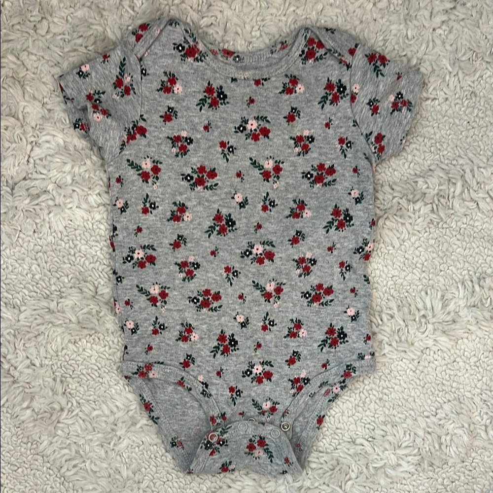 Baby Girl Floral Short Sleeve Bodysuit Gray With Red And Pink Flowers 18 M